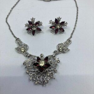 Vtg 1950 silver tone filigree amethyst paste rhinestone necklace earrings set